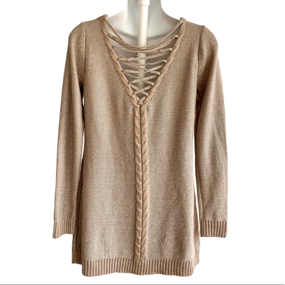 BELLDINI Criss Cross Back Long Sleeve Sweater Top. Taupe Small - Picture 11 of 12